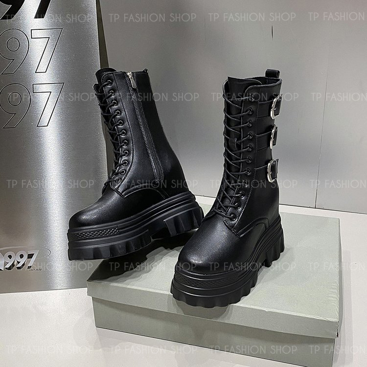 Giày boot nữ CỔ LỬNG cột dây màu đen 12CM ĐẾ DÀY, có ĐỘN TRONG  style trẻ trung, hiện đại GBN83A