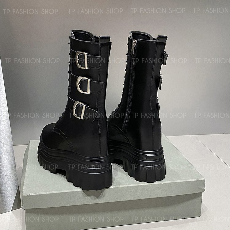Giày boot nữ CỔ LỬNG cột dây màu đen 12CM ĐẾ DÀY, có ĐỘN TRONG  style trẻ trung, hiện đại GBN83A