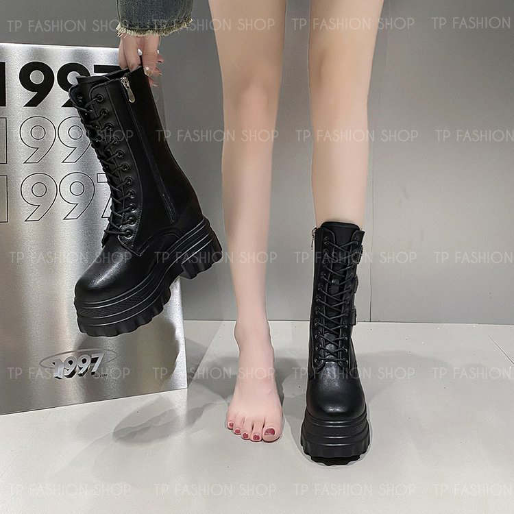 Giày boot nữ CỔ LỬNG cột dây màu đen 12CM ĐẾ DÀY, có ĐỘN TRONG  style trẻ trung, hiện đại GBN83A