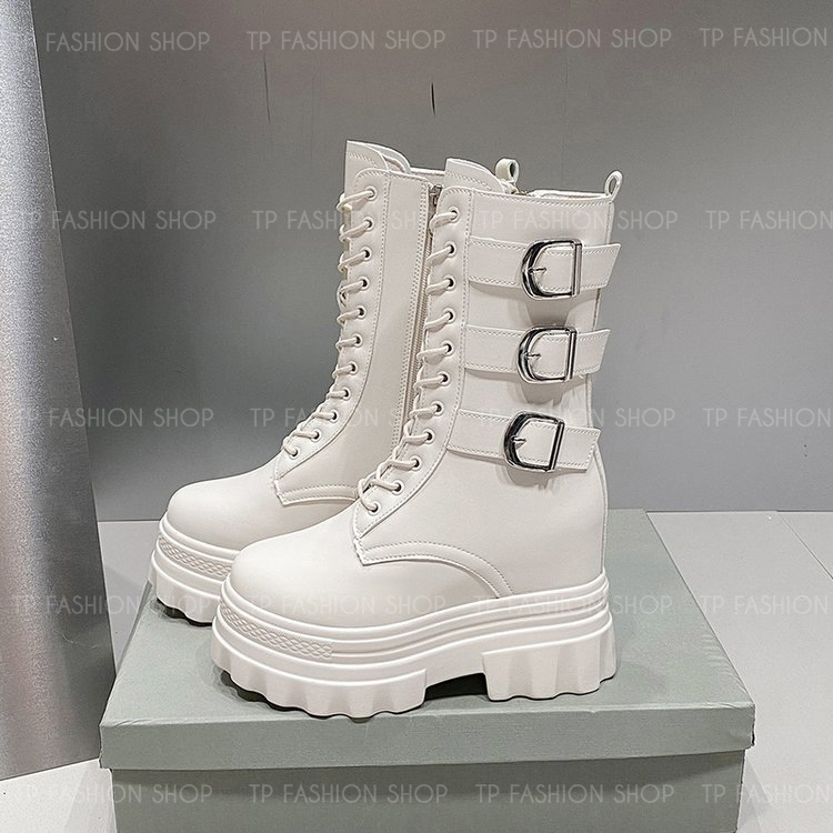 Giày boot nữ CỔ LỬNG cột dây màu KEM 12CM ĐẾ DÀY, có ĐỘN TRONG style trẻ trung, hiện đại GBN83B