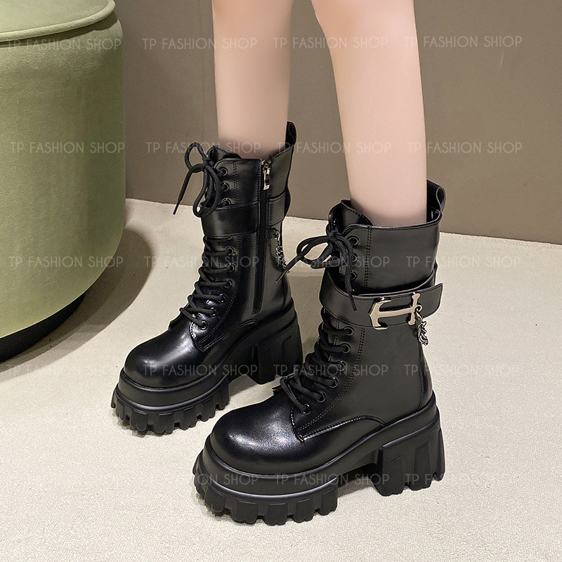 Giày boot nữ cổ lửng CỘT DÂY đế dày 9cm có đai ngang kèm MÓC XÍCH, TRẺ TRUNG-HIỆN ĐẠI GBN85A