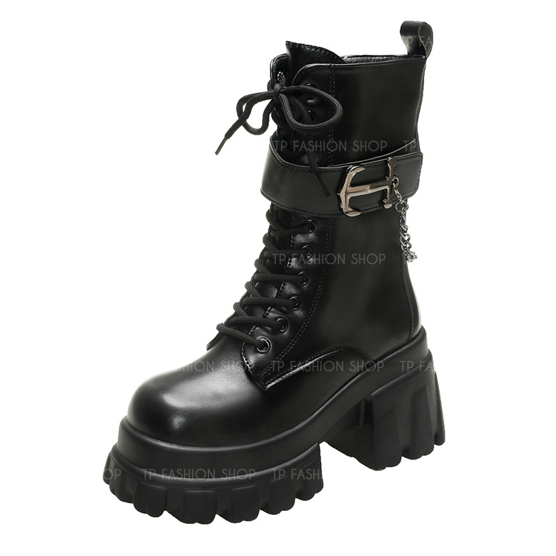 Giày boot nữ cổ lửng CỘT DÂY đế dày 9cm có đai ngang kèm MÓC XÍCH, TRẺ TRUNG-HIỆN ĐẠI GBN85A