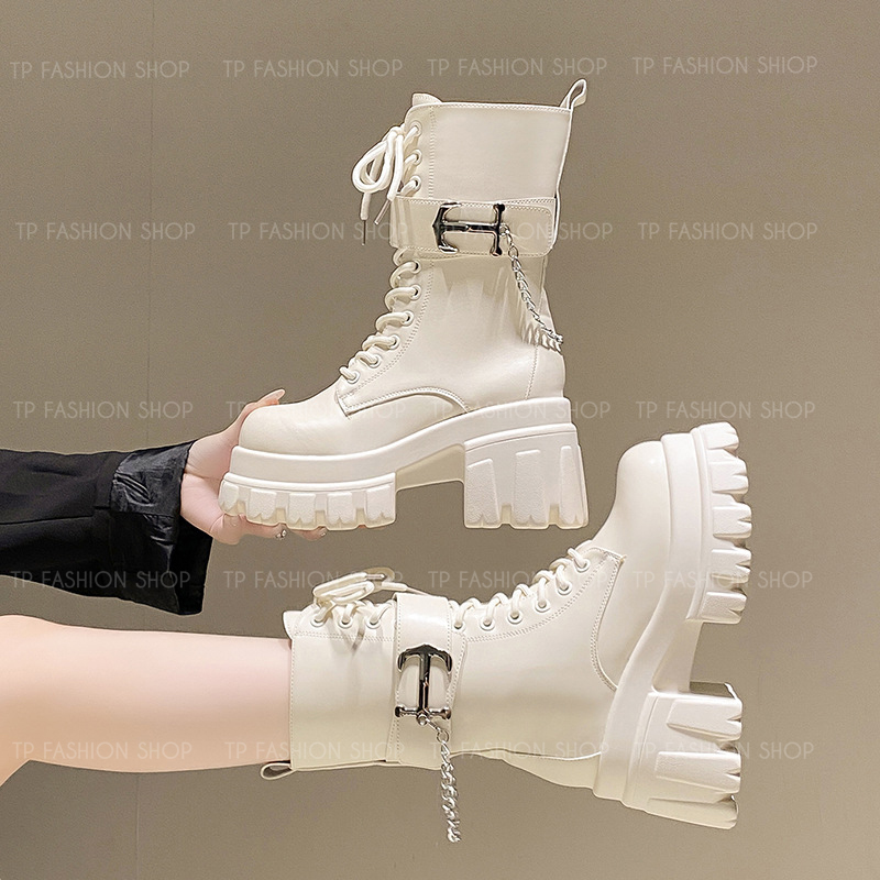 Giày boot nữ cổ lửng CỘT DÂY màu kem đế dày 9cm có đai ngang kèm MÓC XÍCH, TRẺ TRUNG-HIỆN ĐẠI GBN85B
