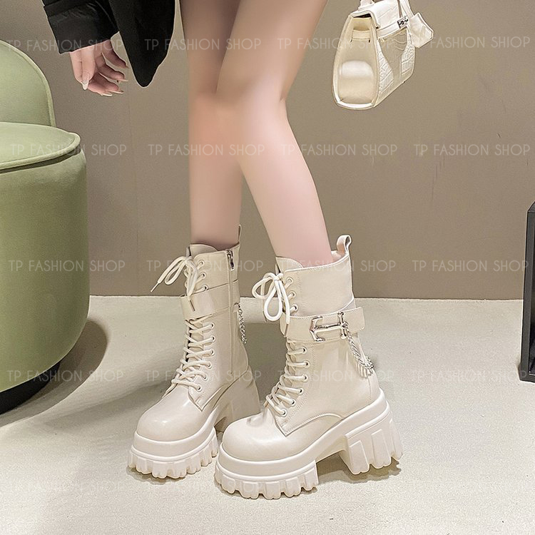Giày boot nữ cổ lửng CỘT DÂY màu kem đế dày 9cm có đai ngang kèm MÓC XÍCH, TRẺ TRUNG-HIỆN ĐẠI GBN85B