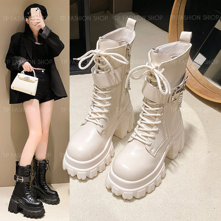 Giày boot nữ cổ lửng CỘT DÂY màu kem đế dày 9cm có đai ngang kèm MÓC XÍCH, TRẺ TRUNG-HIỆN ĐẠI GBN85B