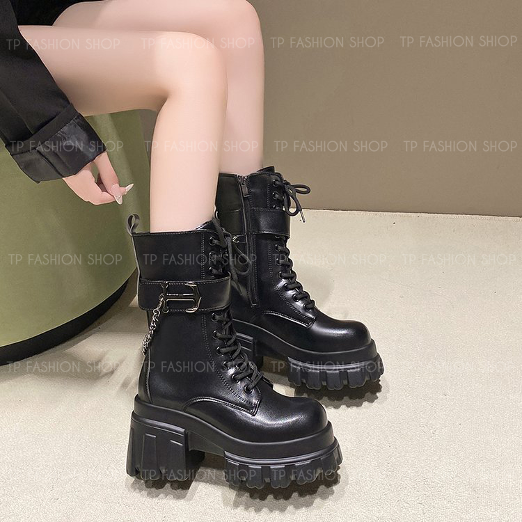 Giày boot nữ cổ lửng CỘT DÂY đế dày 9cm có đai ngang kèm MÓC XÍCH, TRẺ TRUNG-HIỆN ĐẠI GBN85A