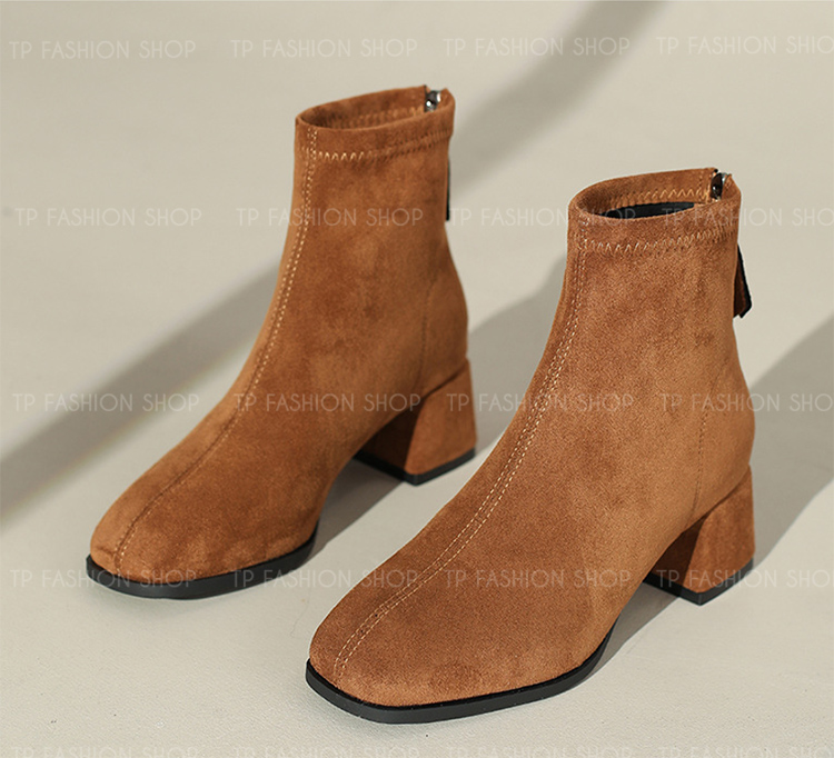 Giày boot nữ cổ ngắn màu NÂU chất da lộn MỀM ÊM CHÂN gót 5cm thoải mái đi bộ GBN86C