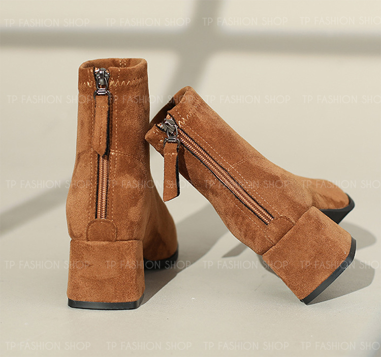 Giày boot nữ cổ ngắn màu NÂU chất da lộn MỀM ÊM CHÂN gót 5cm thoải mái đi bộ GBN86C