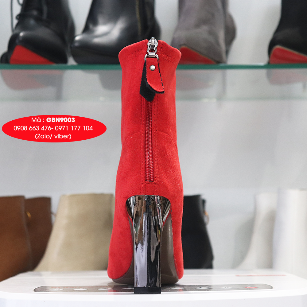 Boot cổ lửng ôm chân màu đỏ gót vuông nhỏ cao 8cm GBN9003