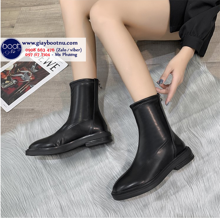Giày boot nữ cổ lửng đế trệt màu đen SÀNH ĐIỆU GBN9601