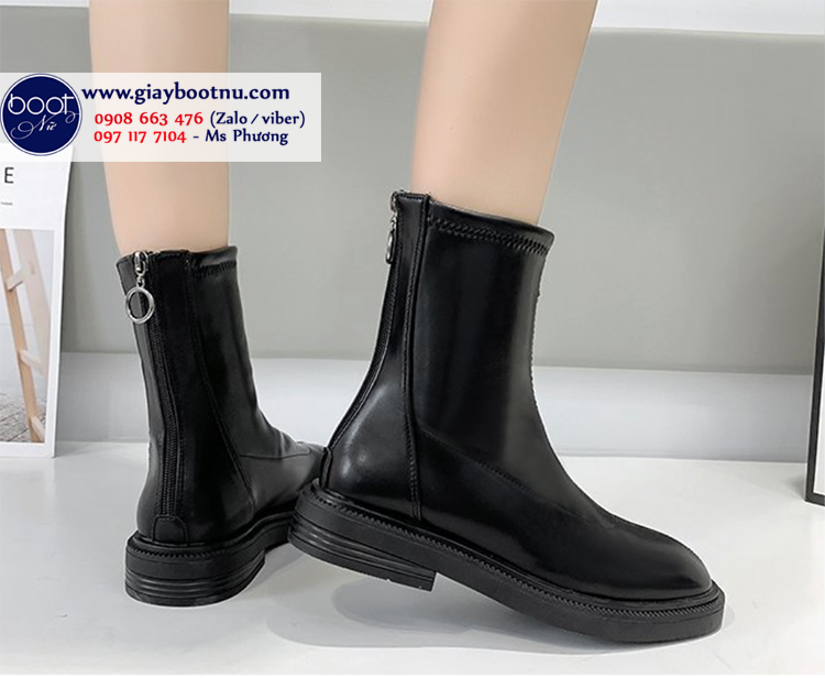 Giày boot nữ cổ lửng đế trệt màu đen SÀNH ĐIỆU GBN9601