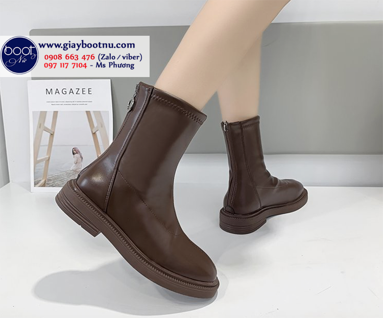 Giày boot nữ cổ lửng màu nâu đế trệt SÀNH ĐIỆU GBN9602