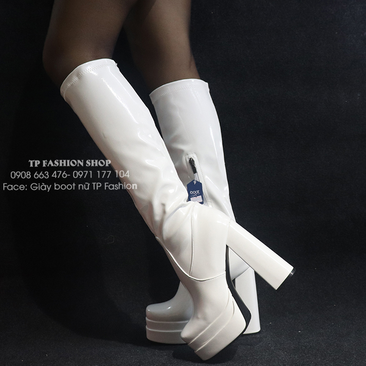 Giày boot nữ ống cao MÀU TRẮNG dưới gối da bóng đế kép 14cm SANG CHẢNH GCC01B 