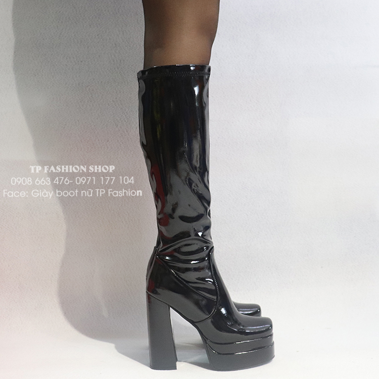 Giày boot nữ ống cao dưới gối da bóng đế kép 14cm  SANG CHẢNH mang đi tiệc, biểu diễn GCC01A