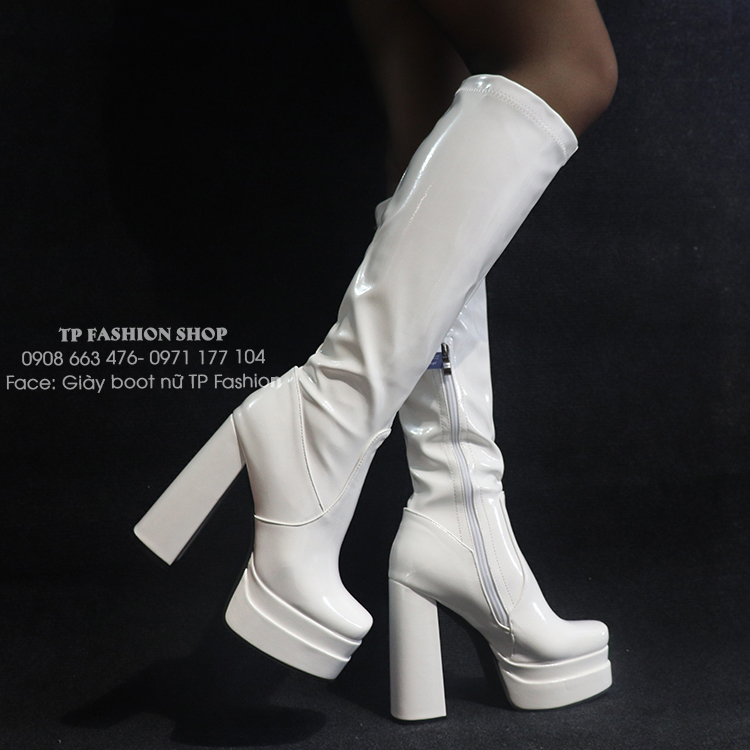 Giày boot nữ ống cao MÀU TRẮNG dưới gối da bóng đế kép 14cm SANG CHẢNH GCC01B 