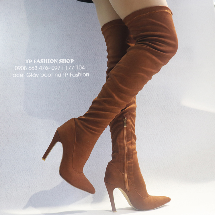 Giày boot nữ ngang đùi màu nâu ÔM CHÂN chất da lộn cao gót 11cm GCC0402
