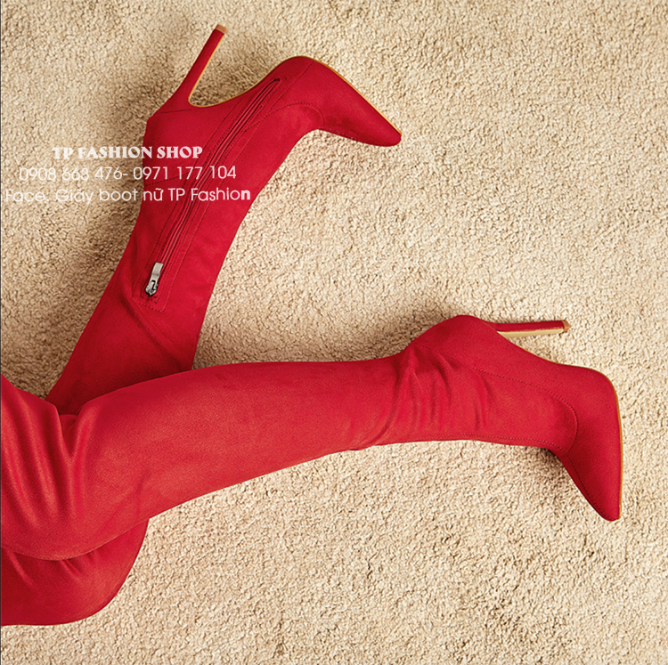 Giày boot nữ da lộn qua gối màu đỏ THỜI THƯỢNG GCC0403