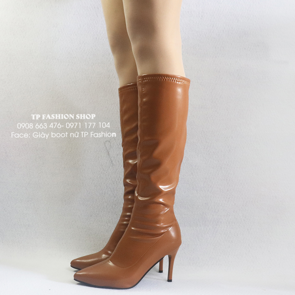 Giày boot nữ ống cao dưới gối  gót nhọn màu NÂU SANG CHẢNH  GCC10502