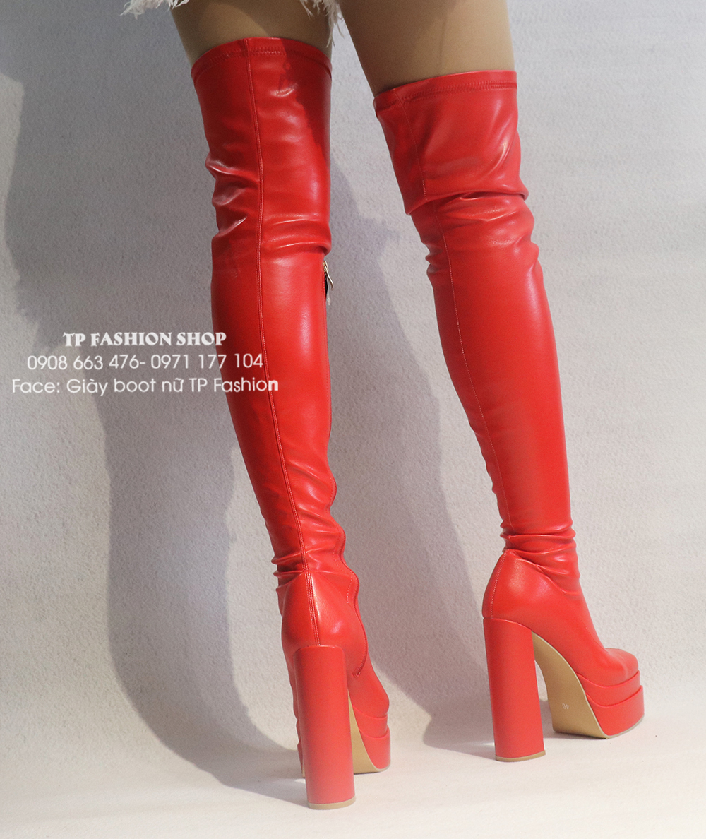 Giày boot đùi nữ CAO GÓT 15CM chất da PU màu đỏ NỔI BẬT ống SIÊU DÀI- ÔM CHÂN GCC11803
