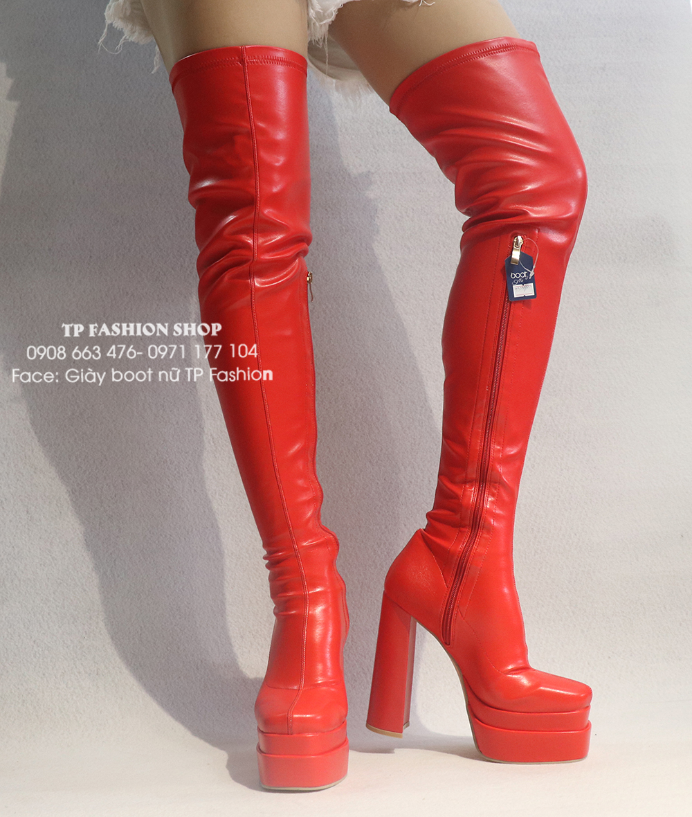 Giày boot dancer cổ cao qua gối DA PU gót 15cm đế kép 2 màu đen, đỏ GCC118