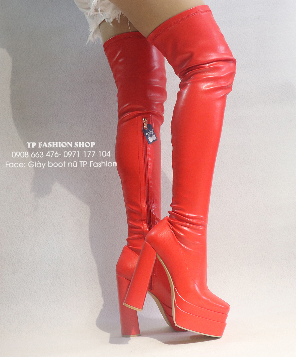 Giày boot đùi nữ CAO GÓT 15CM chất da PU màu đỏ NỔI BẬT ống SIÊU DÀI- ÔM CHÂN GCC11803