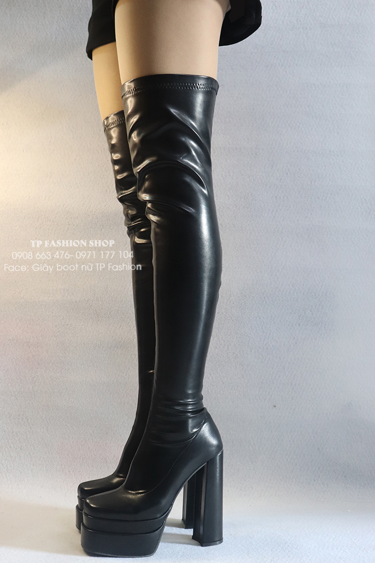 Giày boot dancer cổ cao qua gối DA PU gót 15cm đế kép 2 màu đen, đỏ GCC118
