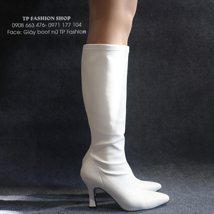 Boots nữ cổ cao dưới gối màu trắng gót nhỏ 9cm ÔM CHÂN GCC12002