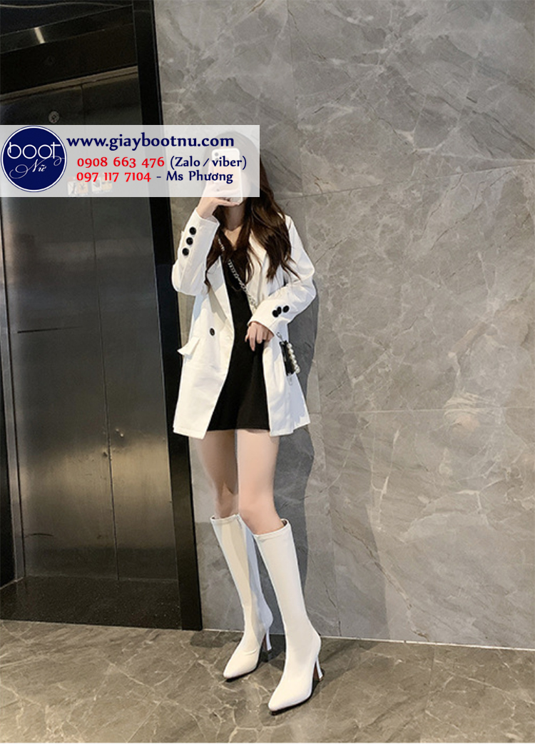 Boots nữ cổ cao dưới gối màu trắng gót nhỏ 9cm GCC12002