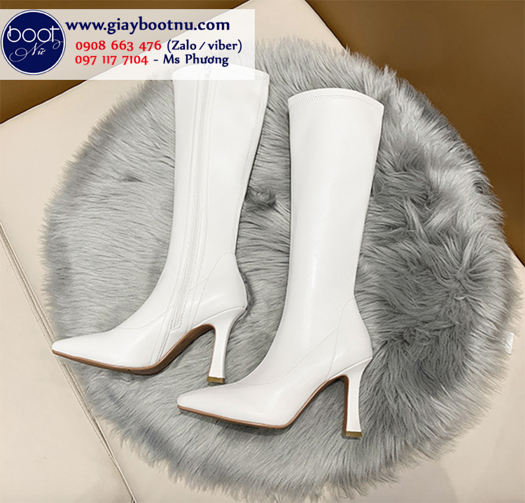 Boots nữ cổ cao dưới gối màu trắng gót nhỏ 9cm GCC12002