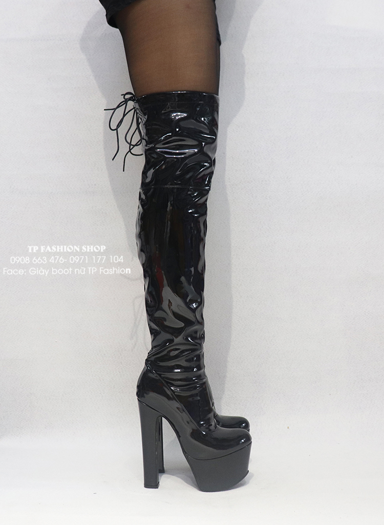 Giày boot đùi nữ cao gót 17cm màu đen da bóng TÔN DÁNG GCC12201