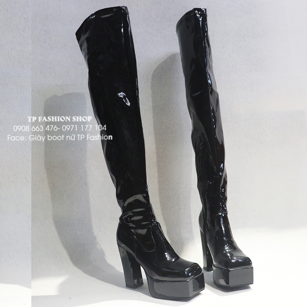 Giày boot đùi nữ da bóng MŨI VUÔNG gót 12cm thời thượng GCC12301