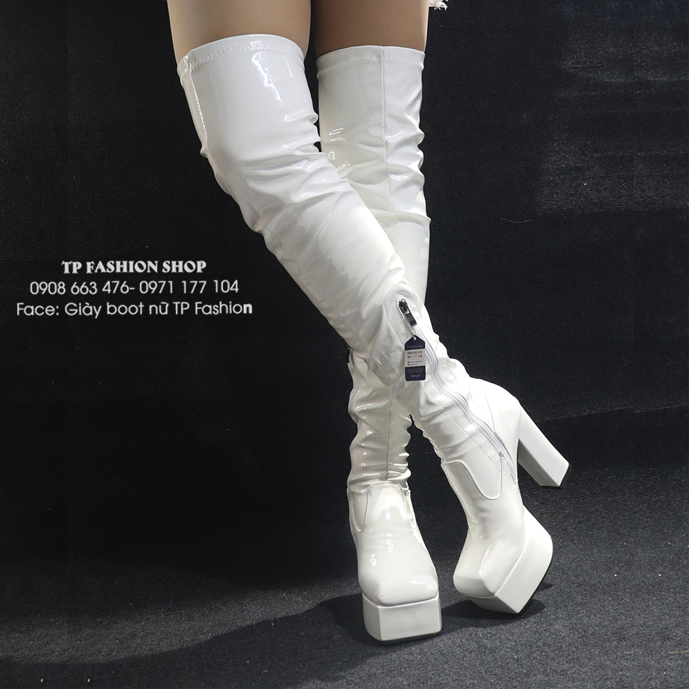 Giày boot đùi nữ da bóng màu trắng MŨI VUÔNG gót 12cm thời thượng GCC12302