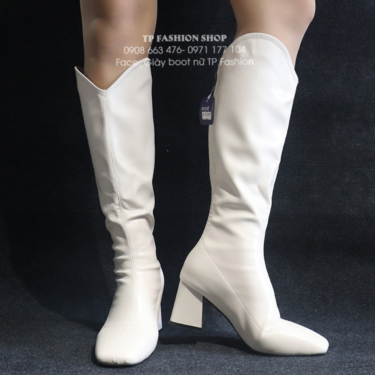 Giày boot nữ cổ cao dưới gối cổ chữ V gót vuông 7cm màu kem GCC12502
