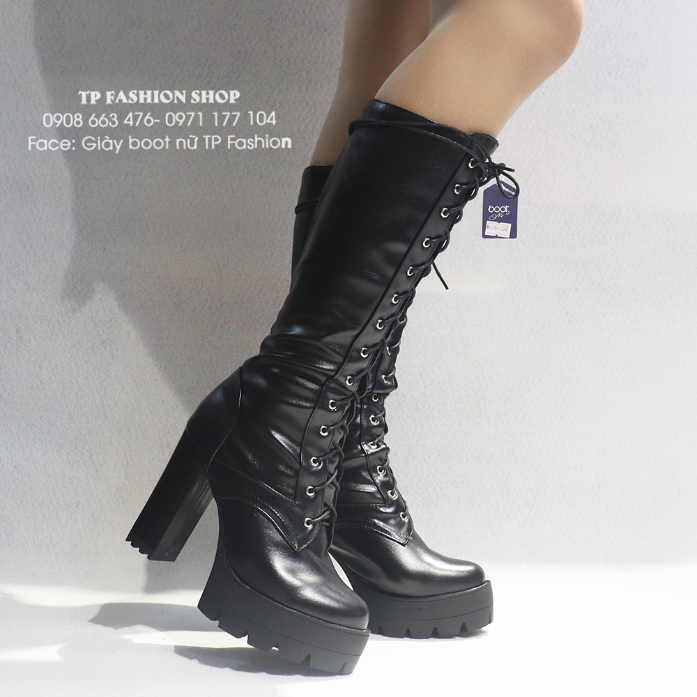 Giày COMBAT boot CỘT DÂY dưới gối gót vuông 12cm  GCC127A