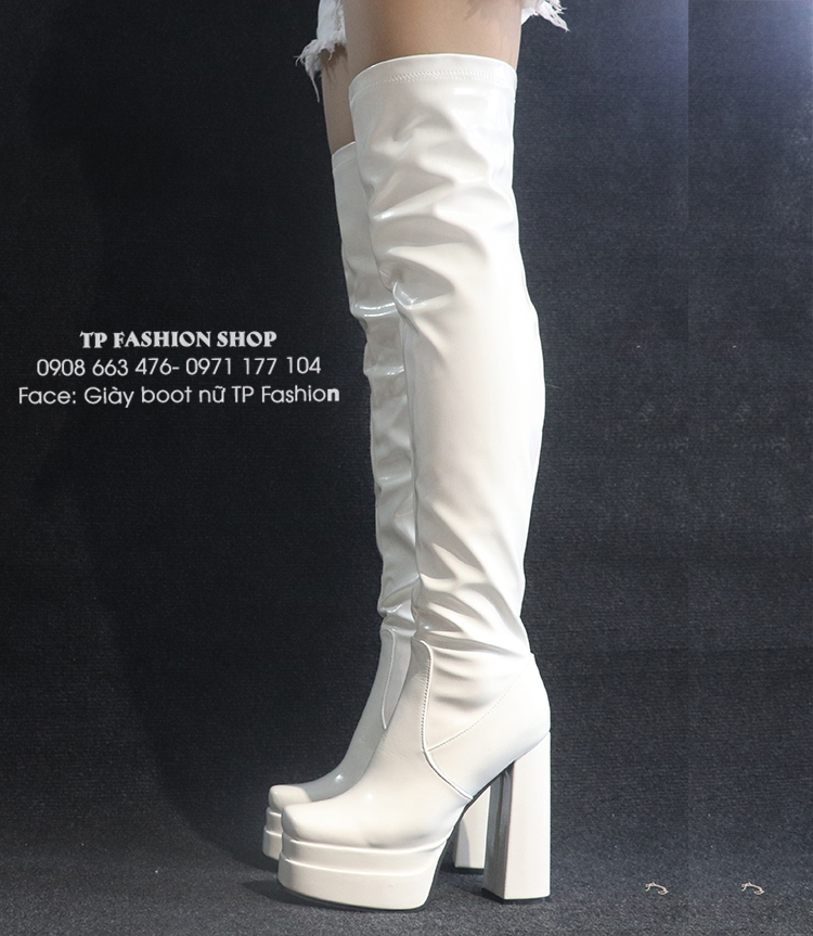 Giày boot đùi nữ gót vuông cao 14cm DA BÓNG, CHẮC CHẮN, ÔM CHÂN màu trắng GCC131B