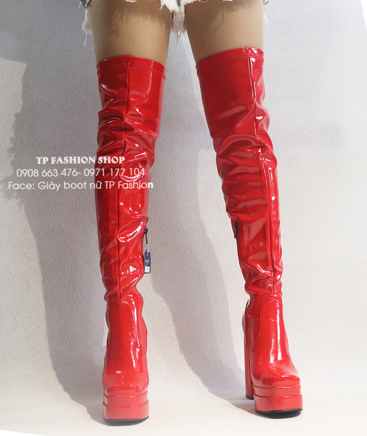 Giày boot đùi nữ gót vuông cao 14cm DA BÓNG, CHẮC CHẮN, ÔM CHÂN màu đỏ GCC131C