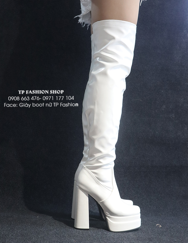 Giày boot đùi nữ gót vuông cao 14cm DA BÓNG, CHẮC CHẮN, ÔM CHÂN màu trắng GCC131B