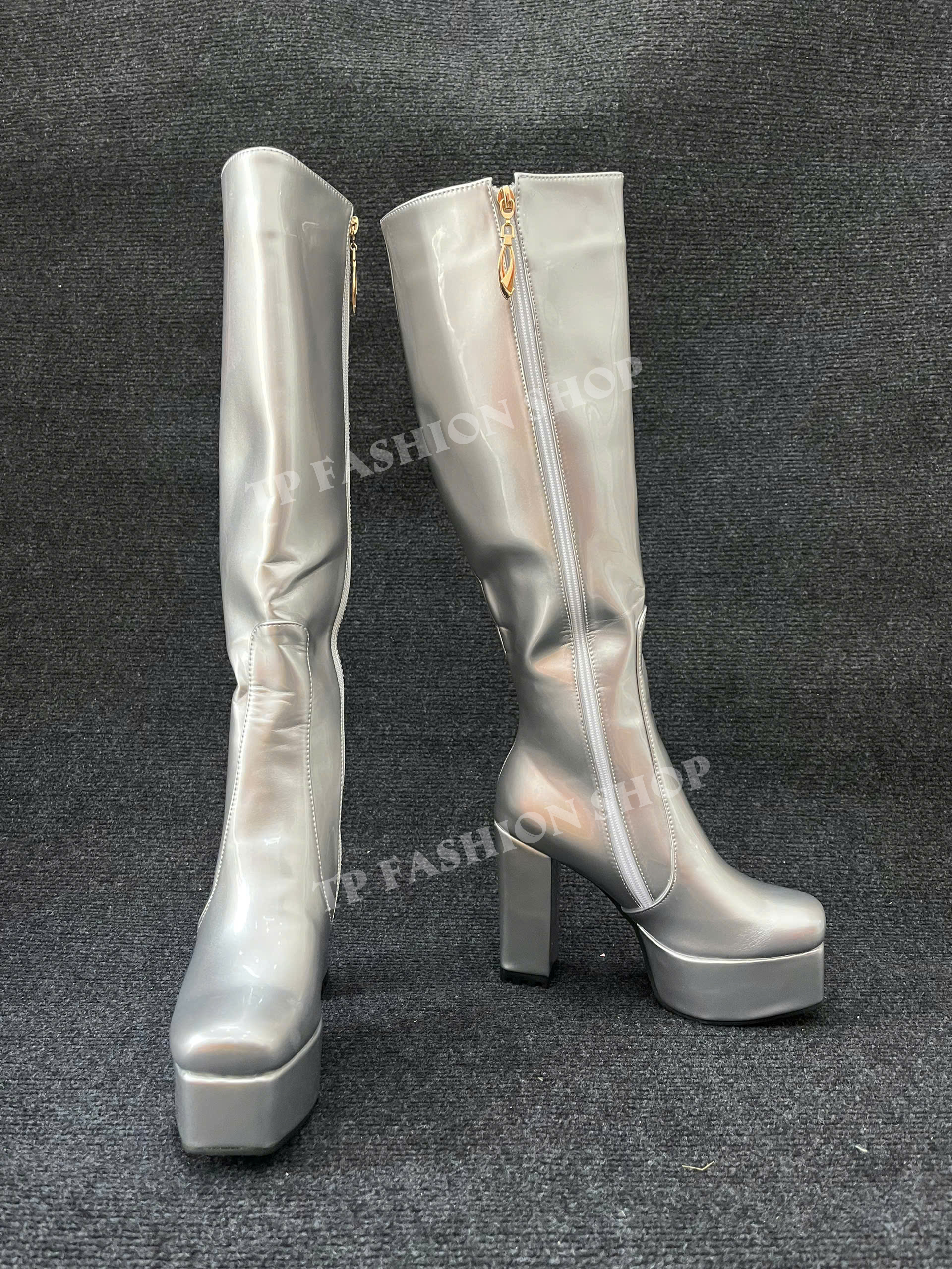 Giày boot nữ MÀU BẠC ngang gối gót 12cm mũi vuông ĐỘC ĐÁO GCC20C