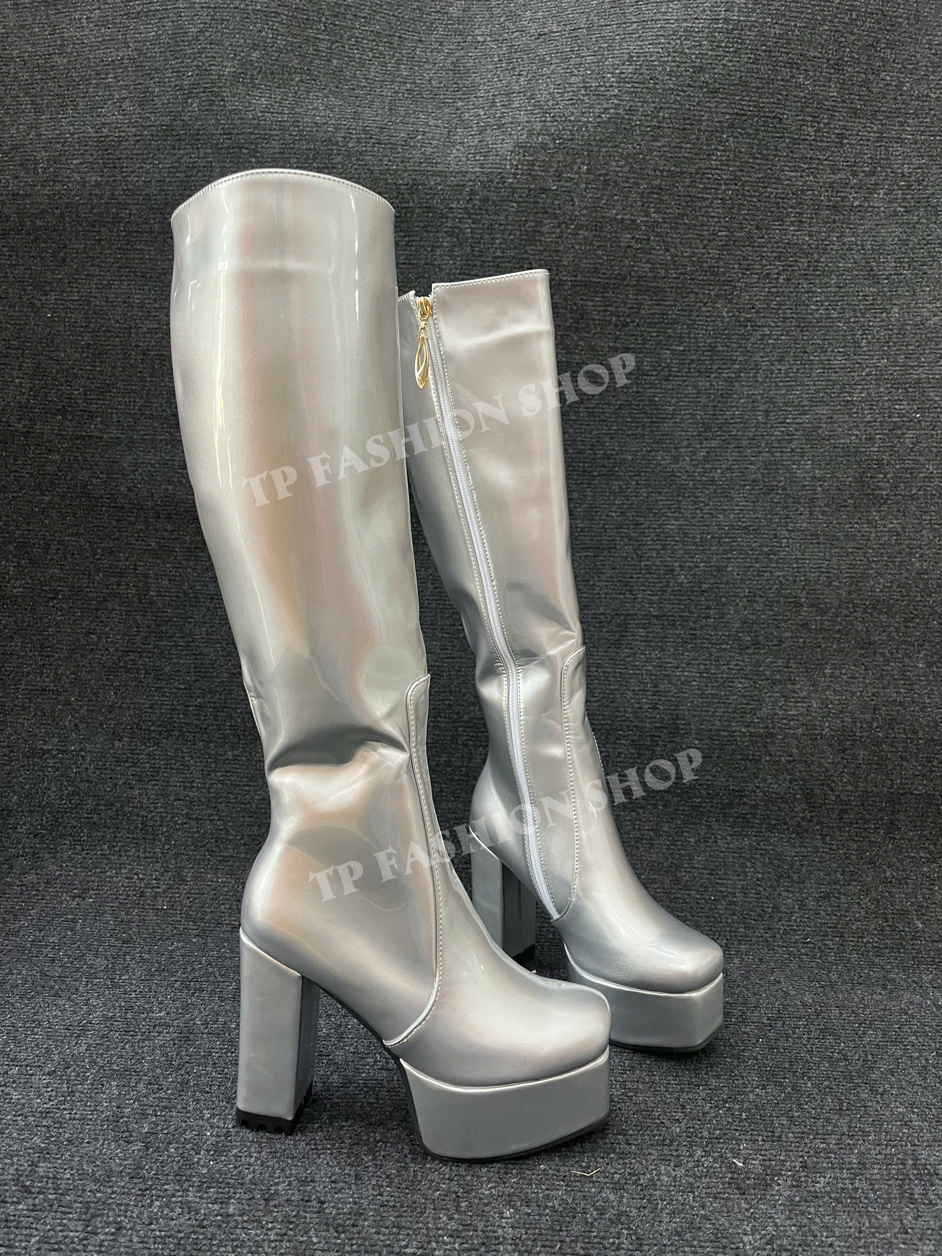 Giày boot nữ MÀU BẠC ngang gối gót 12cm mũi vuông ĐỘC ĐÁO GCC20C