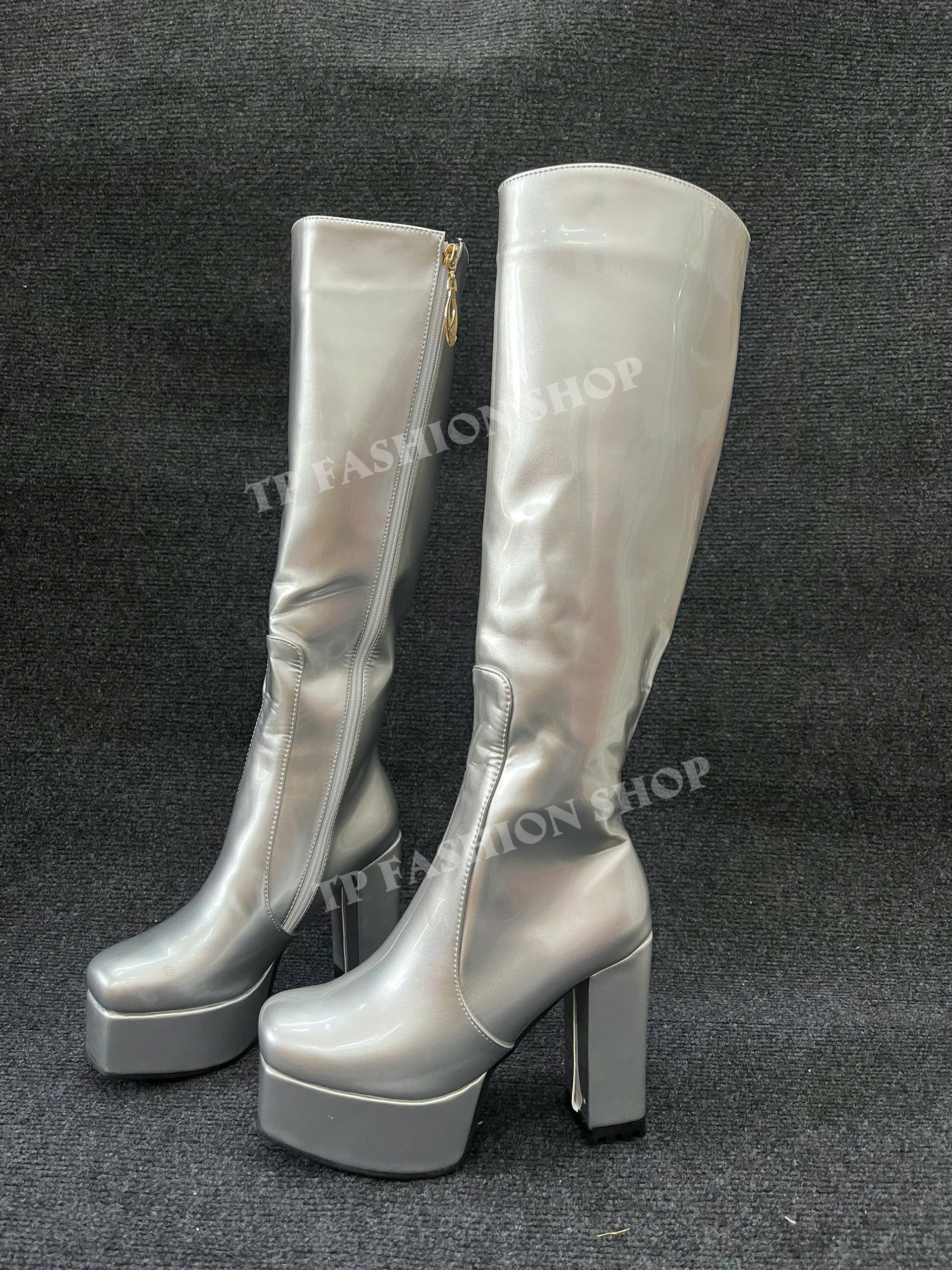 Giày boot nữ MÀU BẠC ngang gối gót 12cm mũi vuông ĐỘC ĐÁO GCC20C