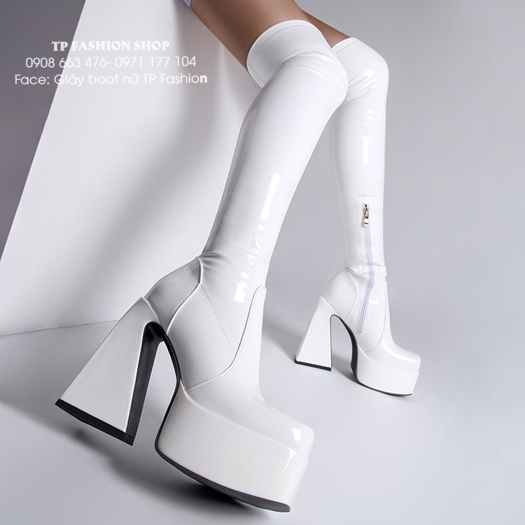 Boot DANCER cổ cao ngang đùi màu trắng DA BÓNG mũi VUÔNG, gót VUÔNG 14CM ÔM CHÂN GCC21B