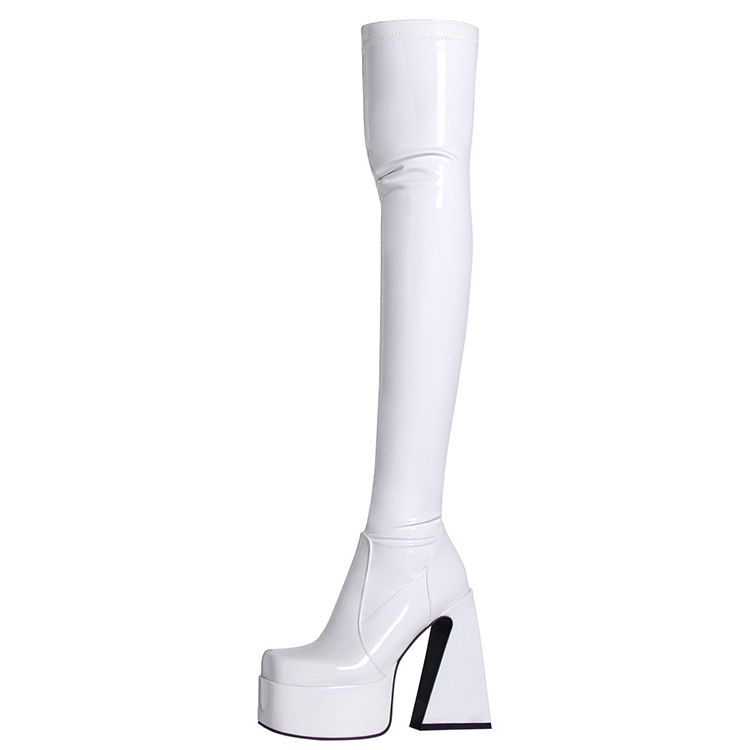 Boot DANCER cổ cao ngang đùi màu trắng DA BÓNG mũi VUÔNG, gót VUÔNG 14CM ÔM CHÂN GCC21B