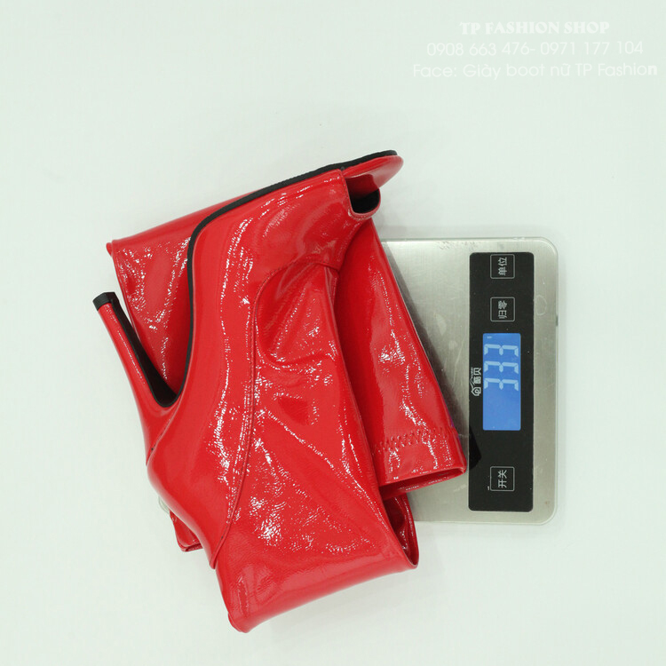 Giày boot nữ HỞ MŨI màu đỏ cổ cao qua gối DA BÓNG, gót nhọn 9.5cm THỜI TRANG GCC22C