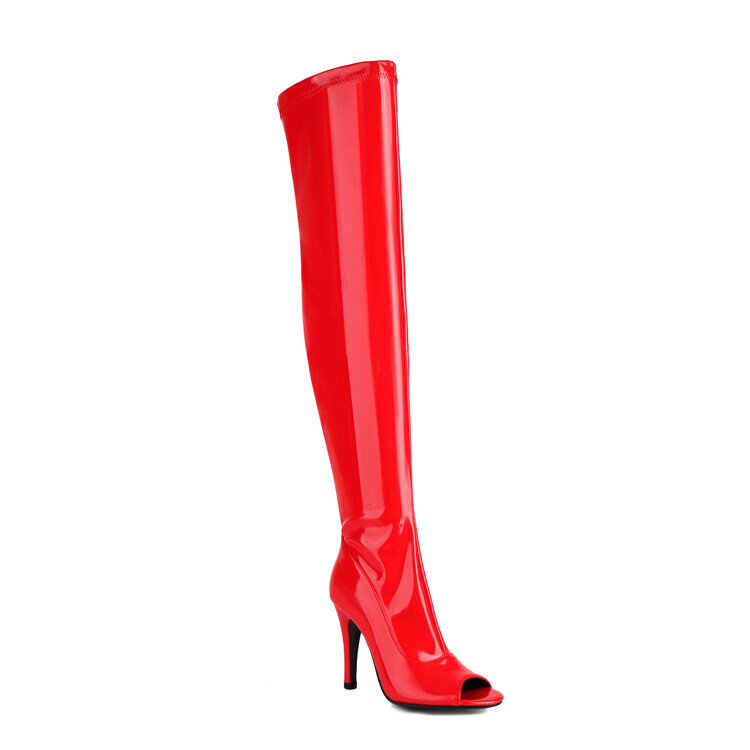 Giày boot nữ HỞ MŨI màu đỏ cổ cao qua gối DA BÓNG, gót nhọn 9.5cm THỜI TRANG GCC22C