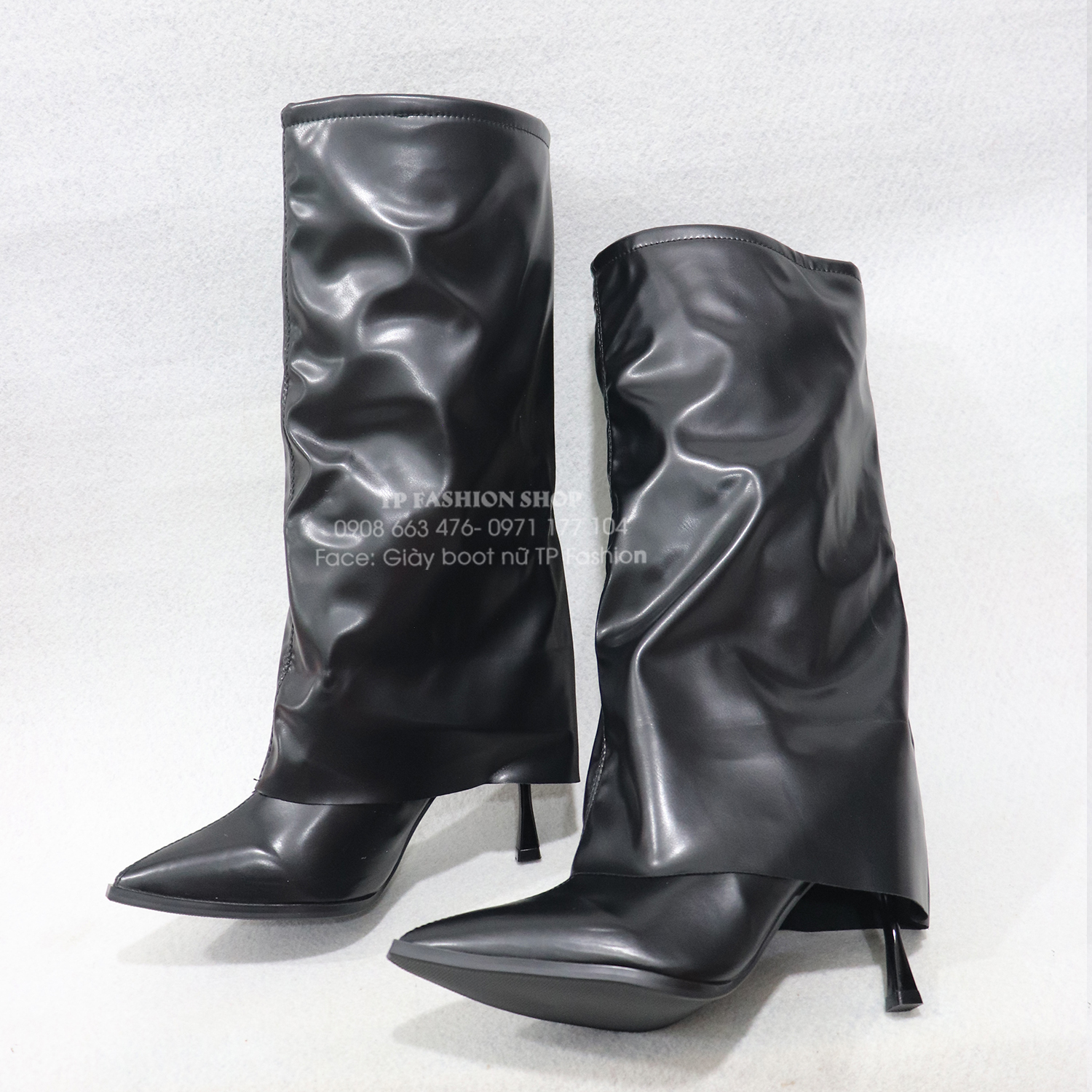 Giày boot nữ cổ gập THỜI TRANG mũi nhọn, gót nhọn 9cm màu đen GCC24A