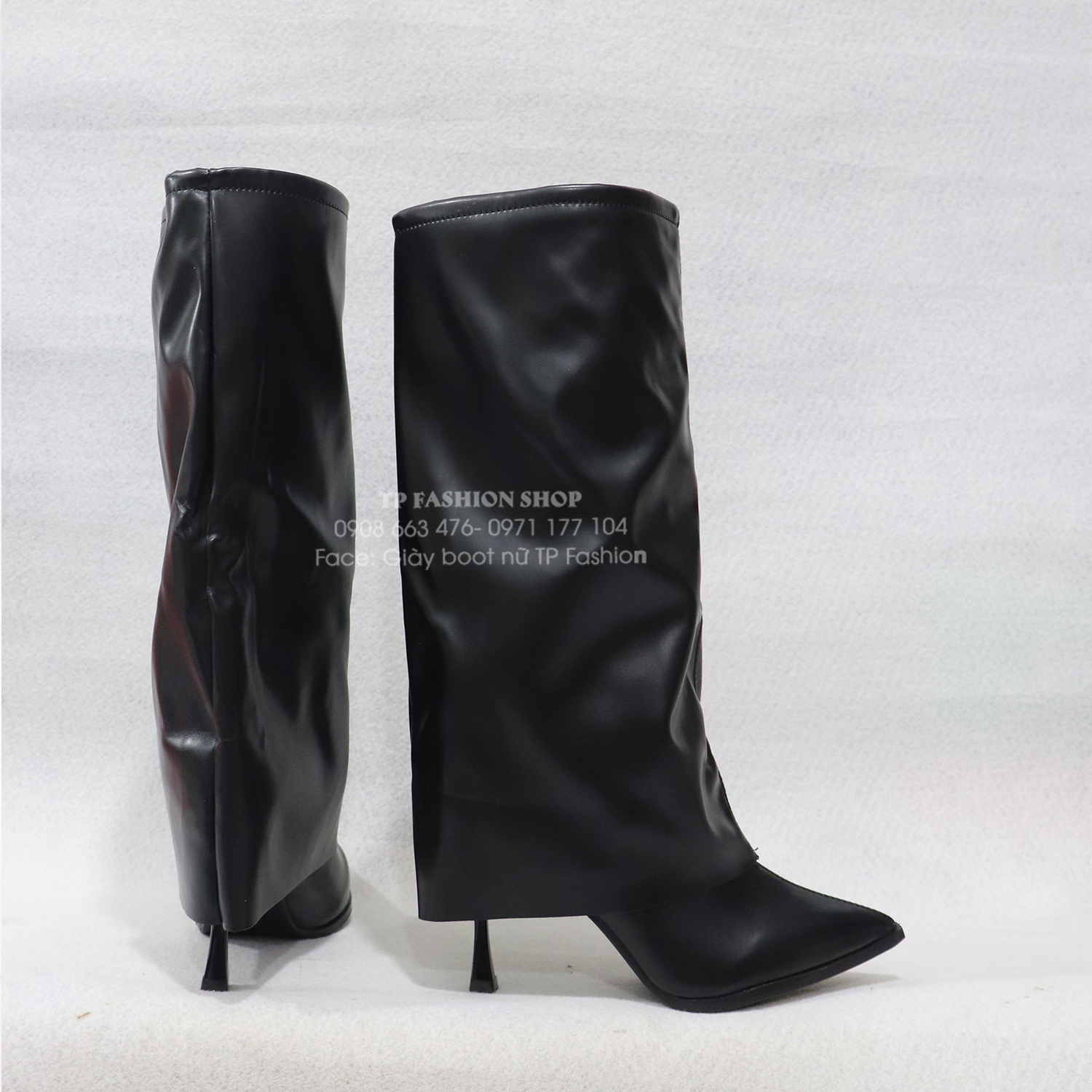 Giày boot nữ cổ gập THỜI TRANG mũi nhọn, gót nhọn 9cm màu đen GCC24A