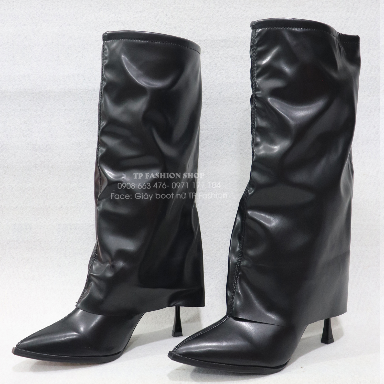 Giày boot nữ cổ gập THỜI TRANG mũi nhọn, gót nhọn 9cm màu đen GCC24A