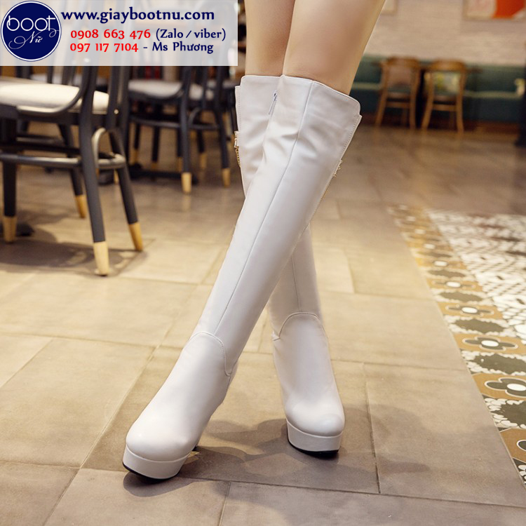 Boot ống cao ngang gối gót 12cm màu trắng SÀNH ĐIỆU GCC2502