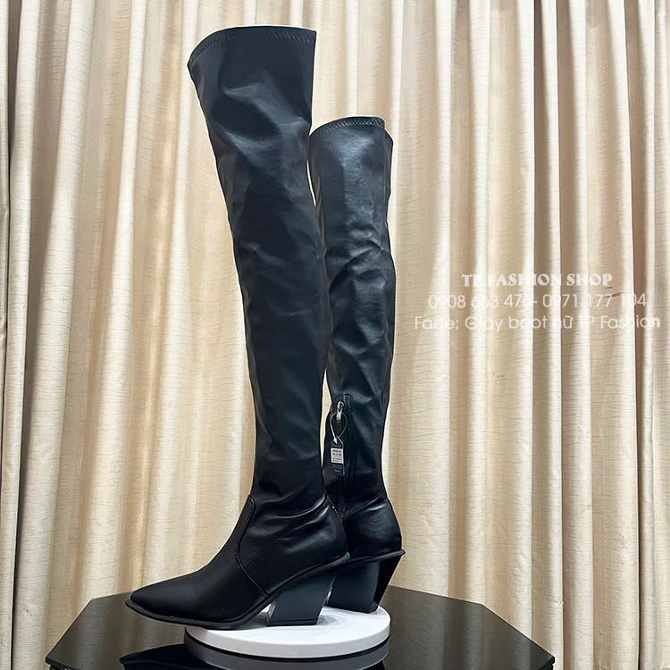 Giày boot nữ cổ cao ống siêu dài 62cm GÓT VUÔNG XÉO 8CM mũi nhọn SÀNH ĐIỆU GCC30A
