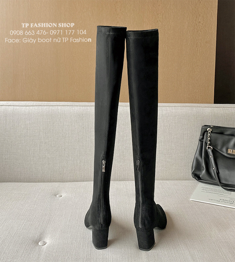 Giày boot nữ cổ cao qua gối chất da lộn MỀM ÊM gót vuông 7cm MŨI NHỌN đơn giản GCC31A